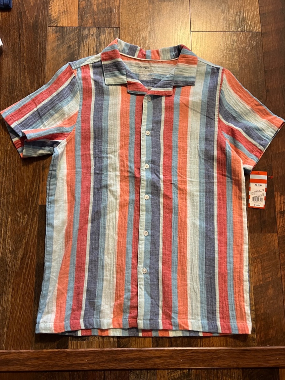 Kid’s cat and jack Short-Sleeve Button-Down Stripe Shirt - Coral & Blue